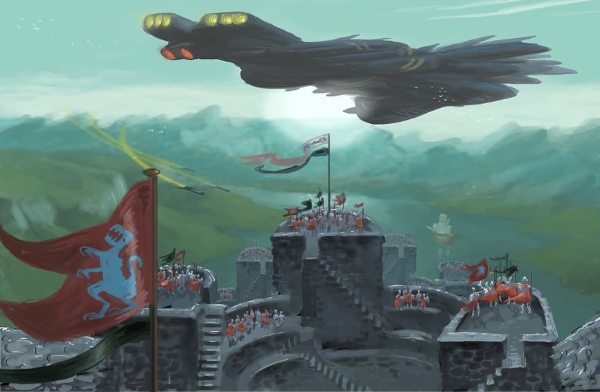 DSG 1340: Sci-Fantasy: BEFORE THE DUSK-LIT CASTLE RAMPARTS, A SPACECRAFT HOVERS DSG 1340: Sci-Fantasy: BEFORE THE DUSK-LIT CASTLE RAMPARTS, A SPACECRAFT HOVERS