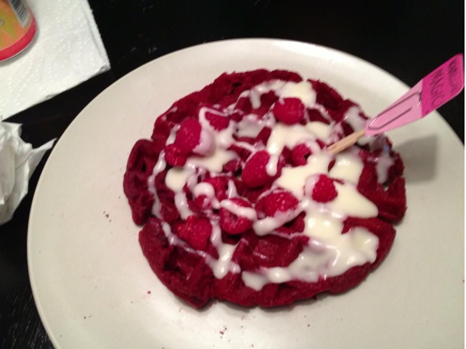 Dancy's Red velvet with a cream cheese drizzle (and topped with raspberries)