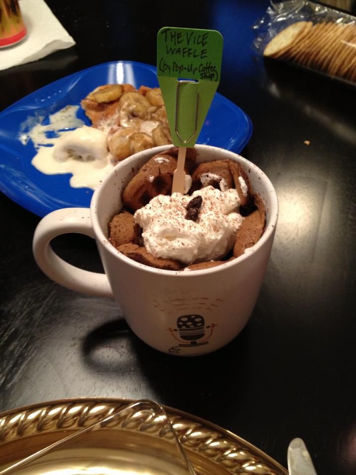 Noel & Kate's The Vice Waffle: Mocha (dark coffee, chocolate chip) waffle with caramel whipped cream (UV Candybar Vodka)