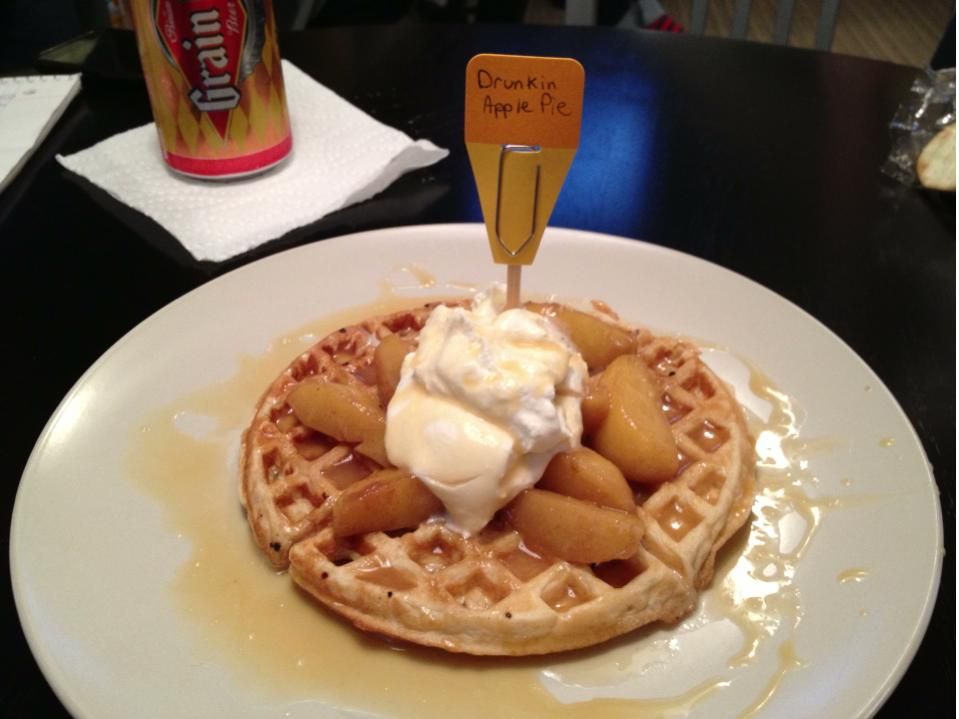 Susan's Drunkin Apple Pie waffle with home made whipped cream, apples, and a 2 Gingers caramel sauce.