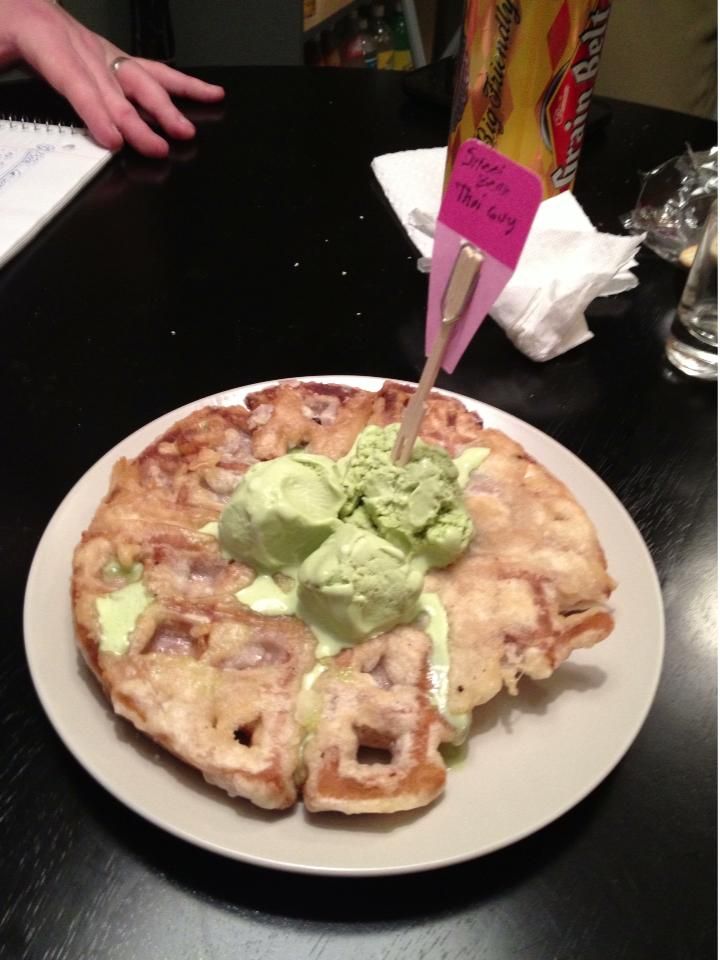 James's Tempura sweet red bean waffle covered in green tea ice cream